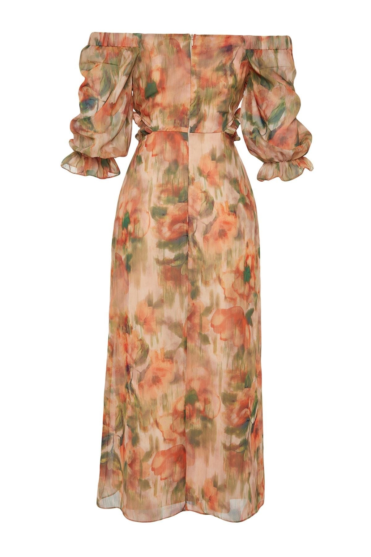 Orange Floral Carmen Collar A Cut/bell Form Chiffon Maxi Lined Woven Dress Twoss23el02422