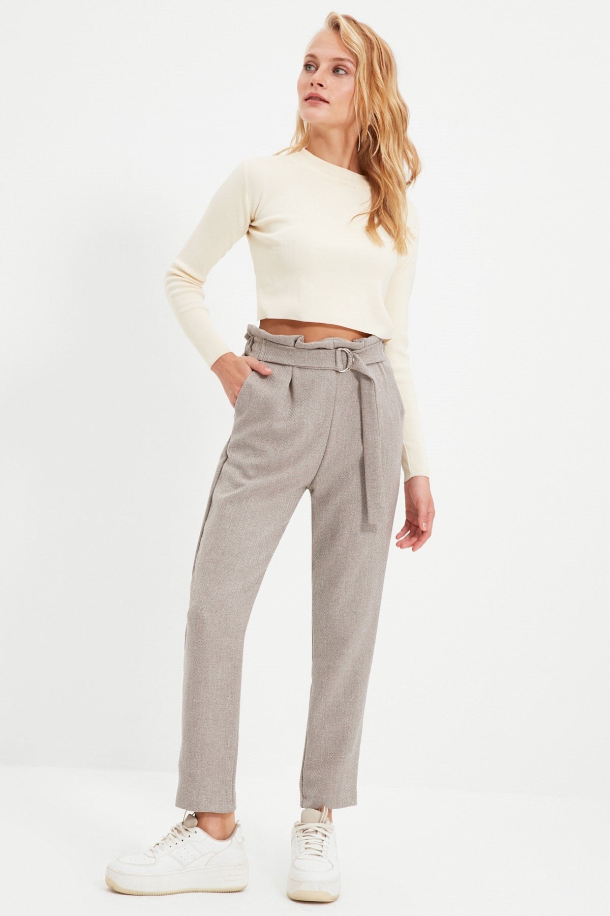 Grey Cigarette Tie Woven Pants Twoaw21pl0316