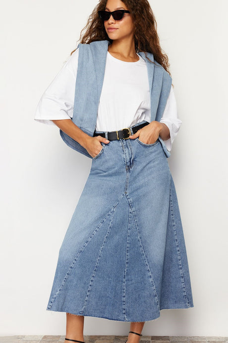 Blue Flounce Stitching Detailed High Waist Maxi Denim Skirt Twoss24et00012