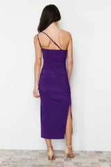 Purple Accessory Rose Detailed Ruffle Bodycone/body Fit Flexible Knitted Midi Pencil Dress Twoss24el