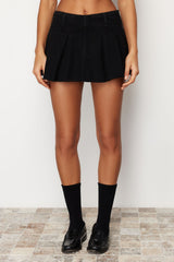 Black Pleated High Waist Denim Shorts Skirt Twoss24sr00026