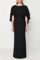 Black Sleeve Detailed Woven Evening Dress Tprss24ae00032