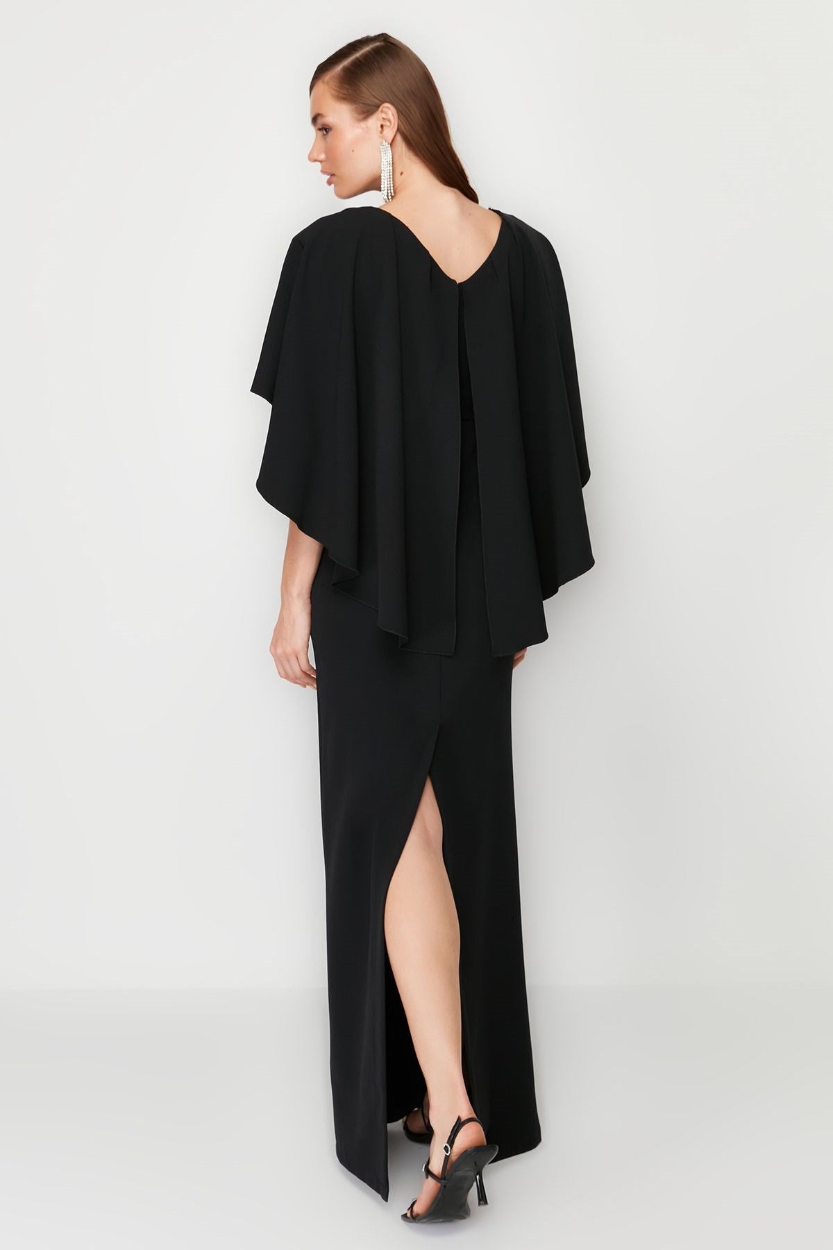 Black Sleeve Detailed Woven Evening Dress Tprss24ae00032