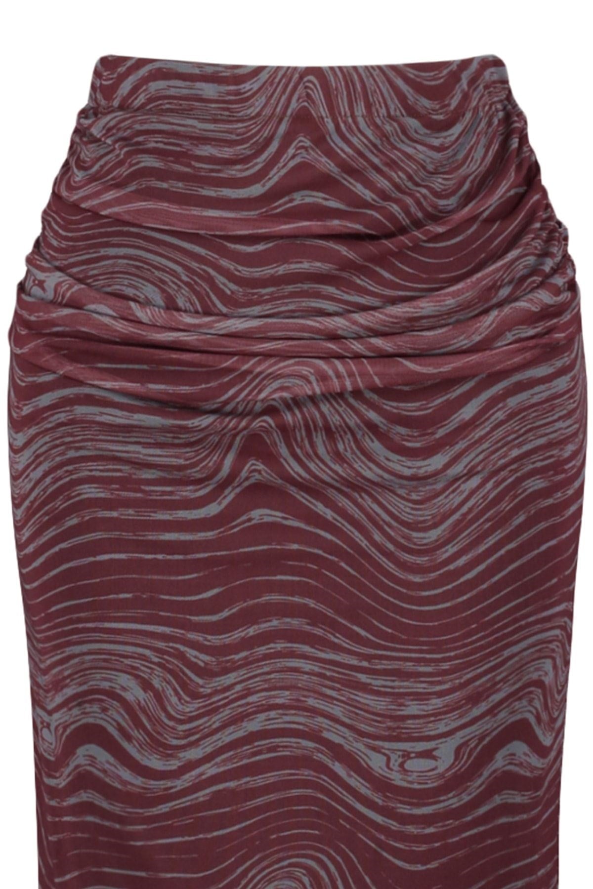 Burgundy Printed Tulle Body-fitting High Waist Lined Midi Knit Skirt Twoss23et00148