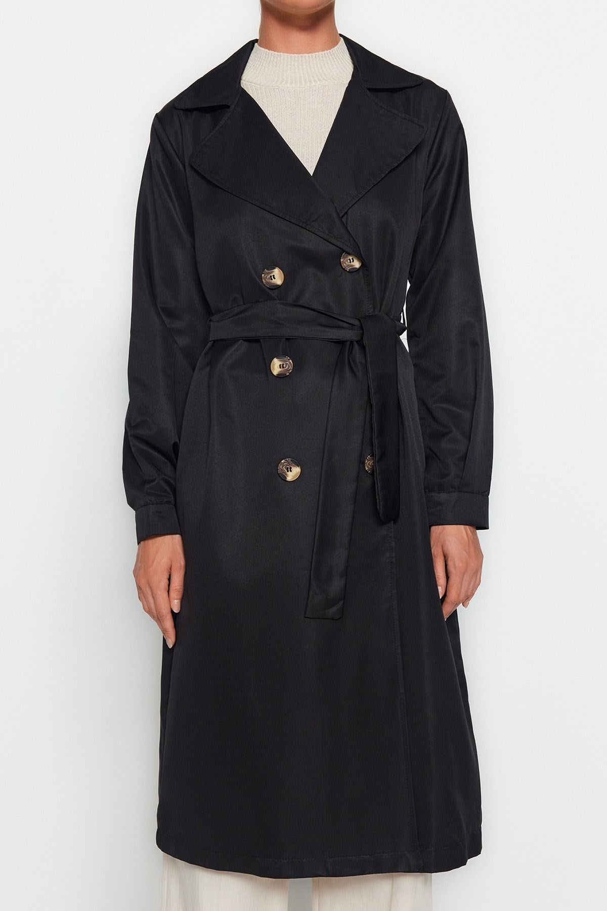 Black Belted Water Repellent Long Trench Coat Twoaw24tr00003