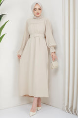 Aerobin Dress Beige With Pleated Sleeves 2129