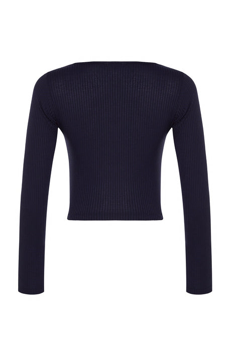 Anthracite Button Detailed Square Neckline Fitted/body-fitting Ribbed Flexible Crop Knit Blouse Twoa