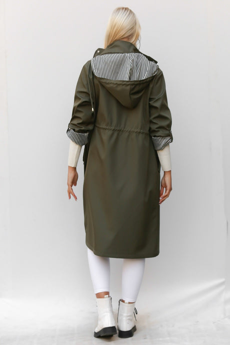 Women's Khaki Hooded Long Sleeve Pocket Lined Ruffle Midi Oversize Casual Woven Trench Coat M1021060