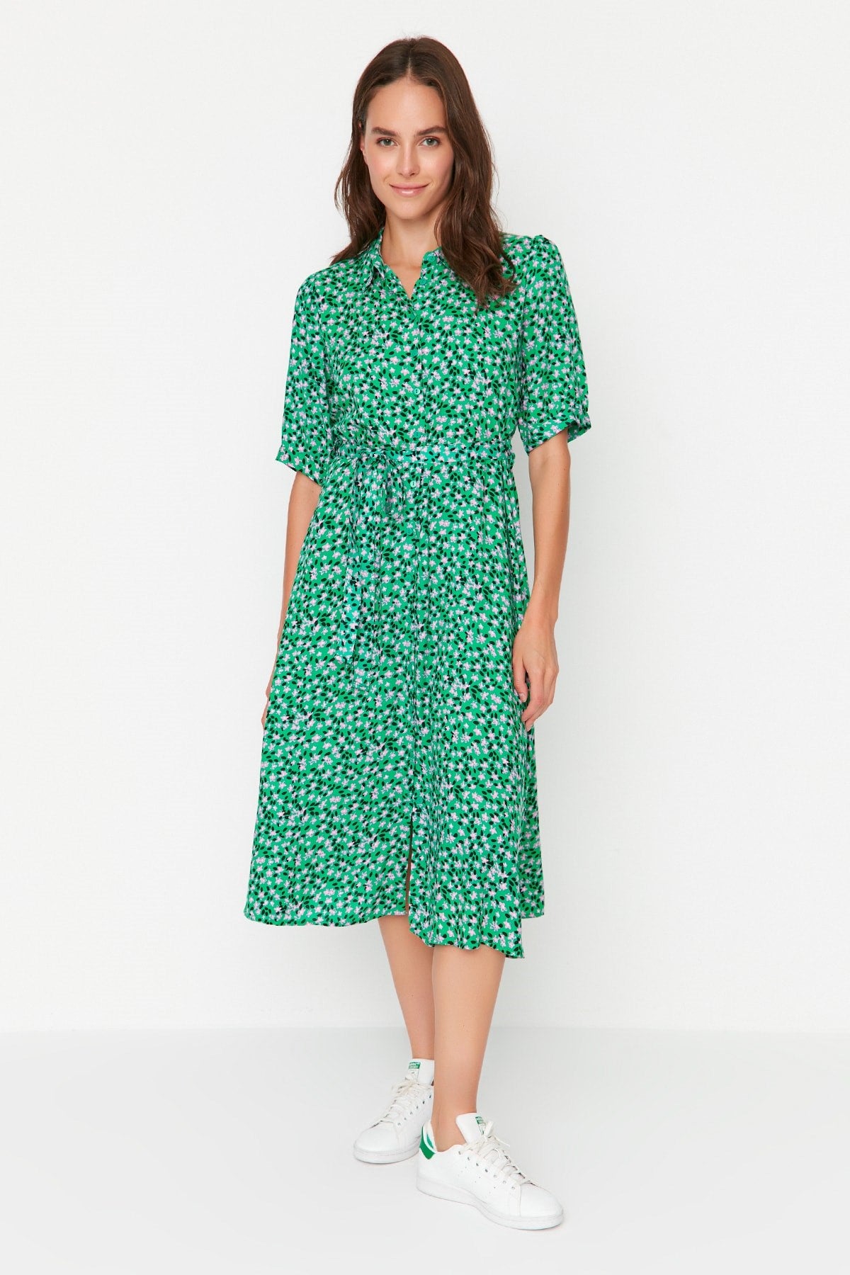 Green Floral Pattern Belted Midi Woven Viscose Shirt Dress Twoss20el1559