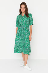 Green Floral Pattern Belted Midi Woven Viscose Shirt Dress Twoss20el1559