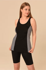 Women's Black Striped Plus Size Shorts Tankini 16169381