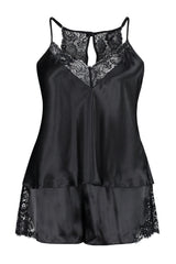 Black Satin Woven Collar Lace Pajama Set Tbbss23ai00020