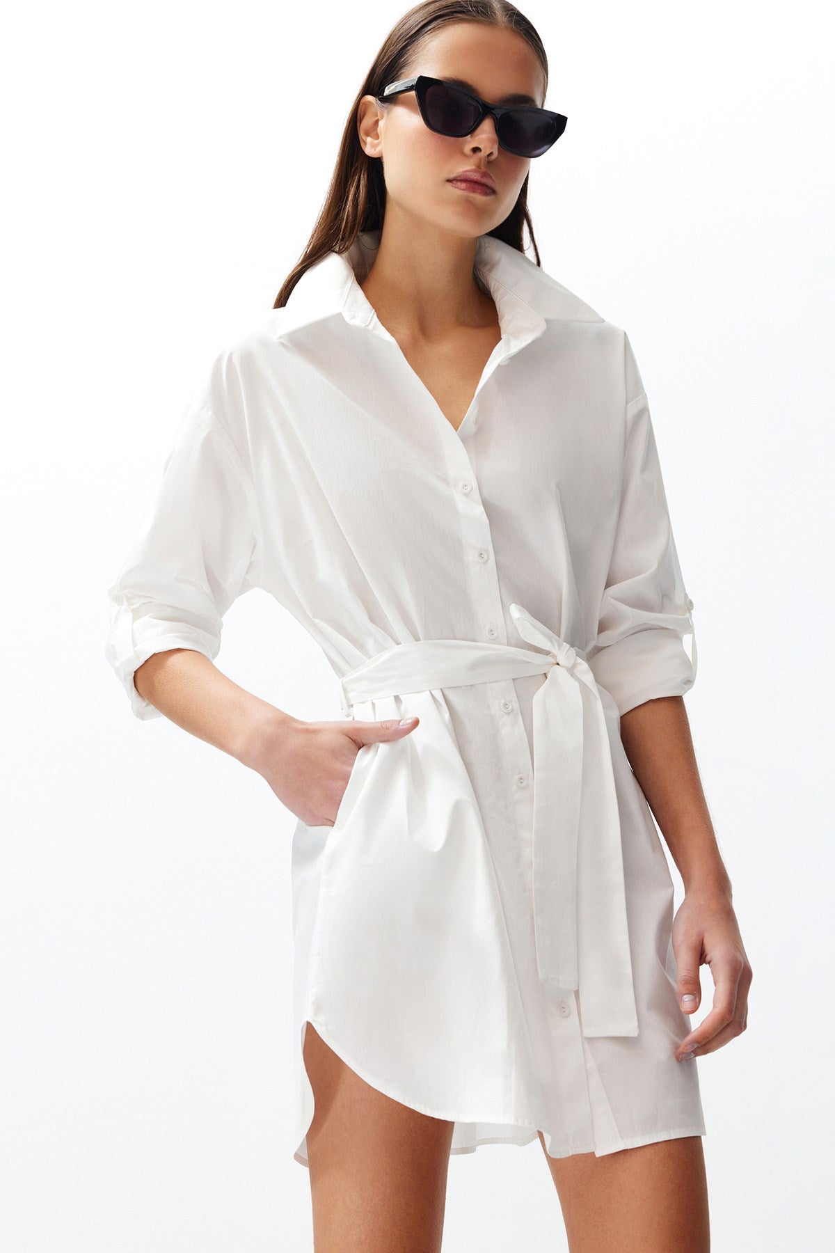 White Belted 100% Cotton Mini Woven Shirt Dress Twoss24el00339