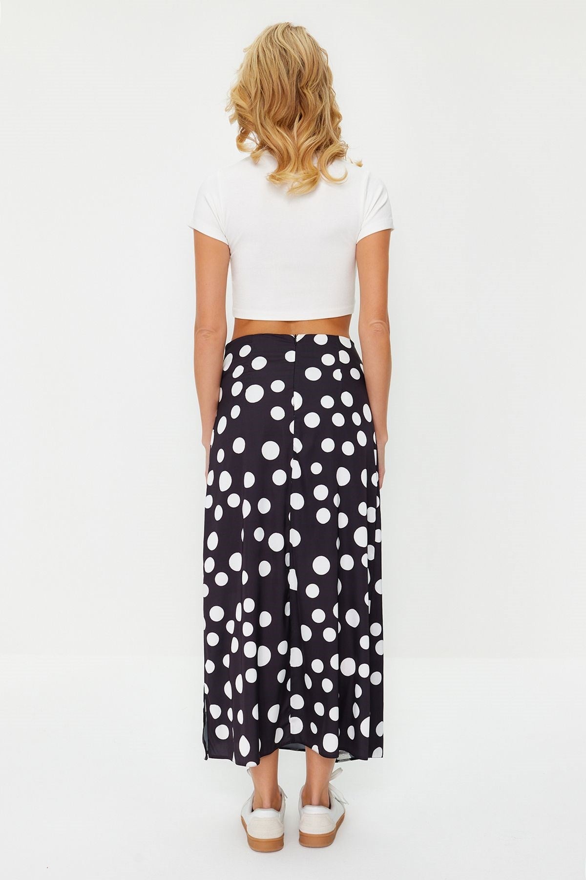 Black Polka Dot Slit Detailed Satin Maxi Length Woven Skirt Twoss24et00005