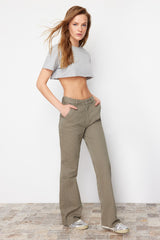 Khaki Pocket Detailed High Waist Wide Leg Jeans Twoss24je00208