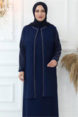 Women's Navy Blue (indigo) Sleeve And Collar Stone Embroidered Evening Dress T 4621 23yabltr4621