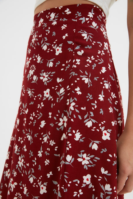 Tile Slit Detailed Floral Pattern Viscose Fabric Midi Woven Skirt Twoss20et0230