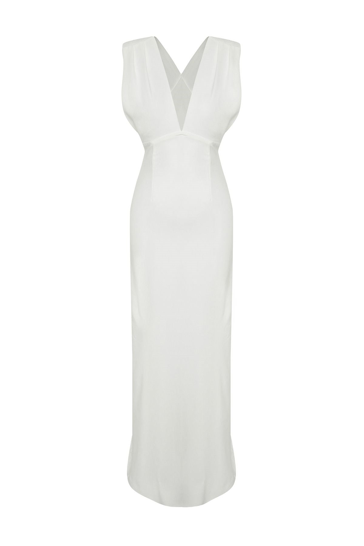 White Deep V Neck Woven Long Elegant Evening Dress Tprss24ae00147