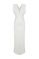 White Deep V Neck Woven Long Elegant Evening Dress Tprss24ae00147