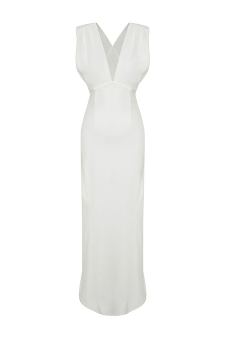 White Deep V Neck Woven Long Elegant Evening Dress Tprss24ae00147