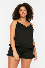 Black Strap Knitted Ruffle Detailed Pajama Set Tbbss22pt0564