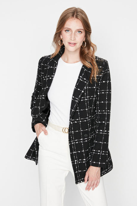 Black Tweed Regular Woven Plaid Blazer Jacket Twoaw21ce0105