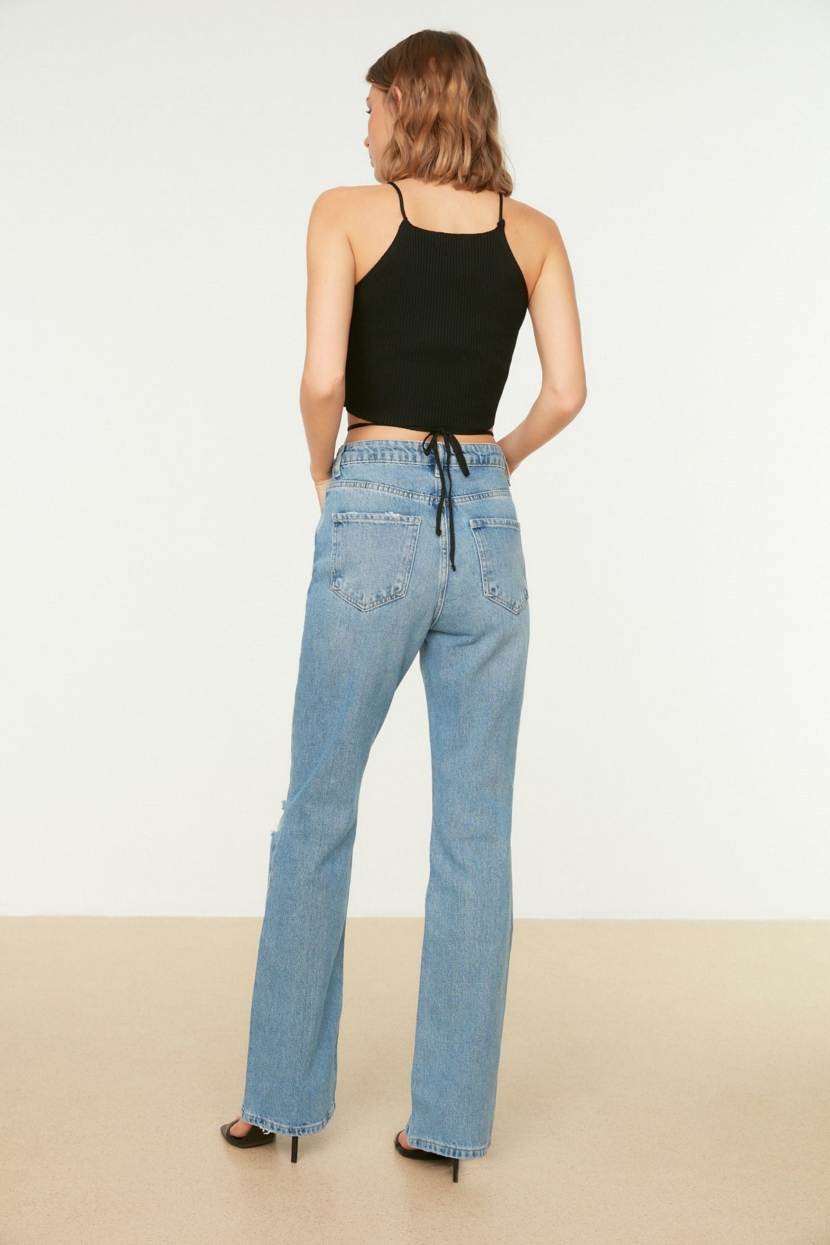 Blue Ripped Detailed High Waist Flare Jeans Twoss22je0440