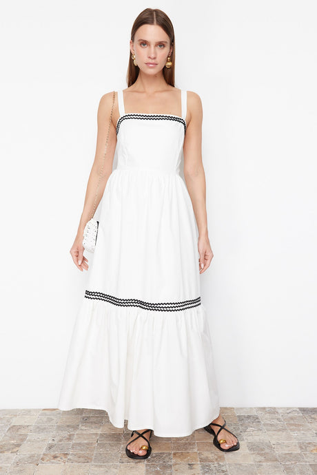 White Belted Black Stripe Accessory Detailed Maxi Woven Dress Twoss24el00798