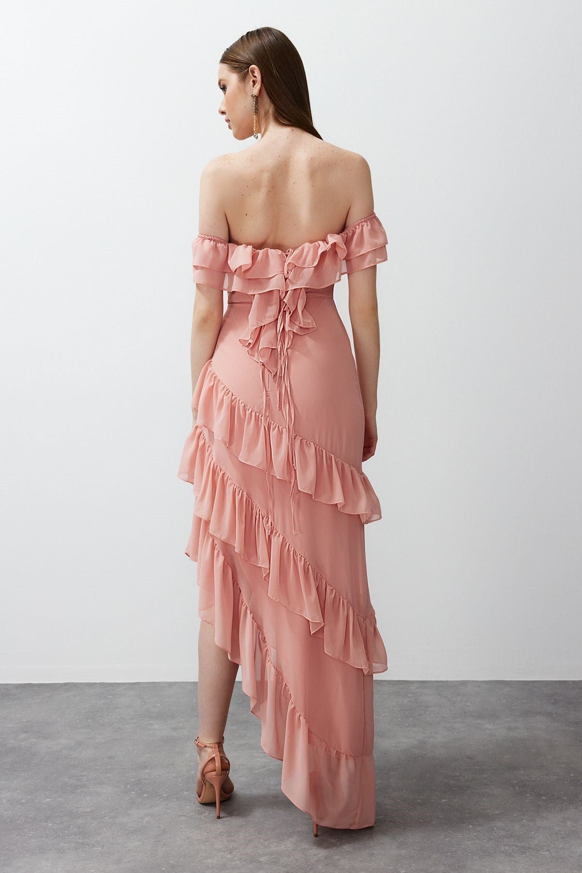 Dusty Rose Ruffle Chiffon Long Night Evening Dress Tprss24ae00092