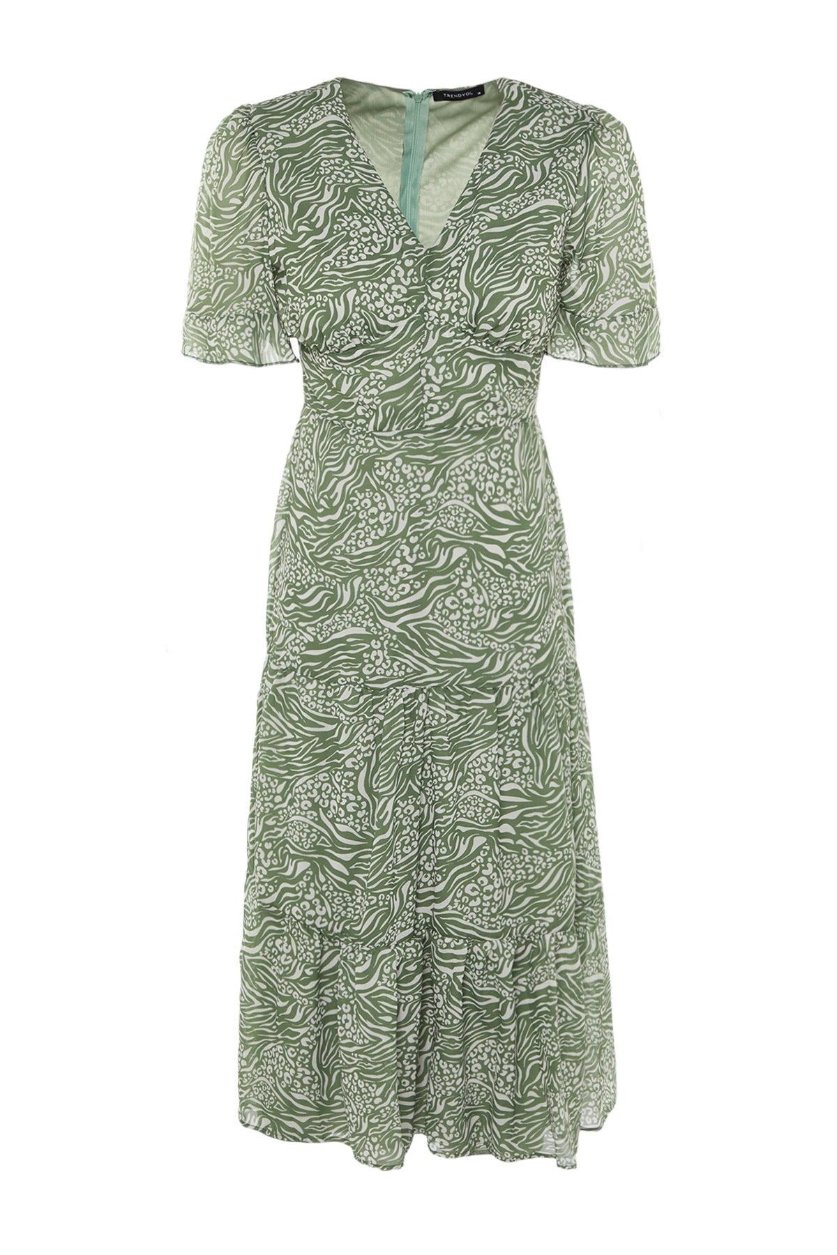 Green Animal Print A-cut Ruffle Midi Lined Chiffon Woven Dress Twoss23el00995