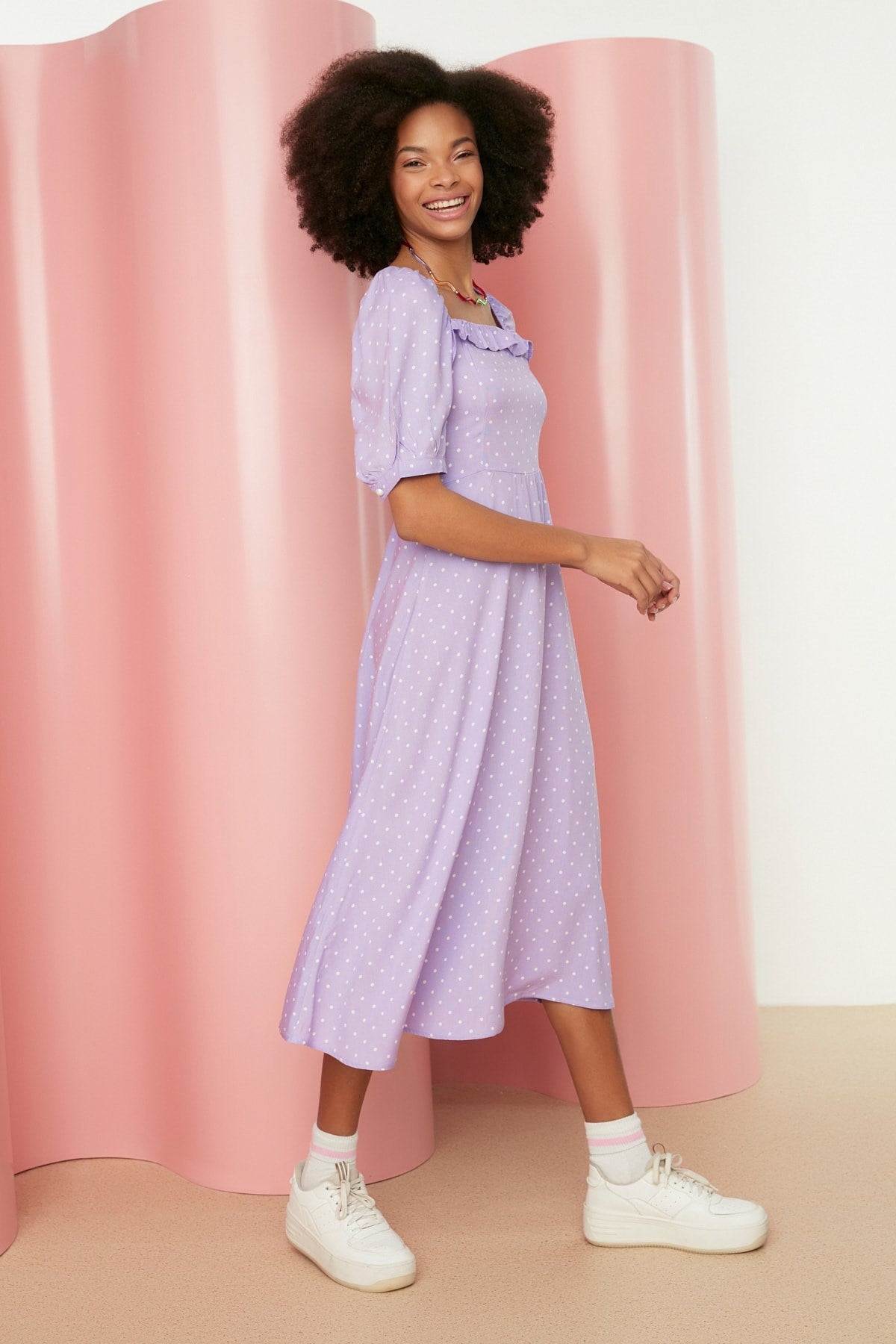 Lilac A Cut Ruffle Polka Dot Midi Woven Dress Twoss21el0511