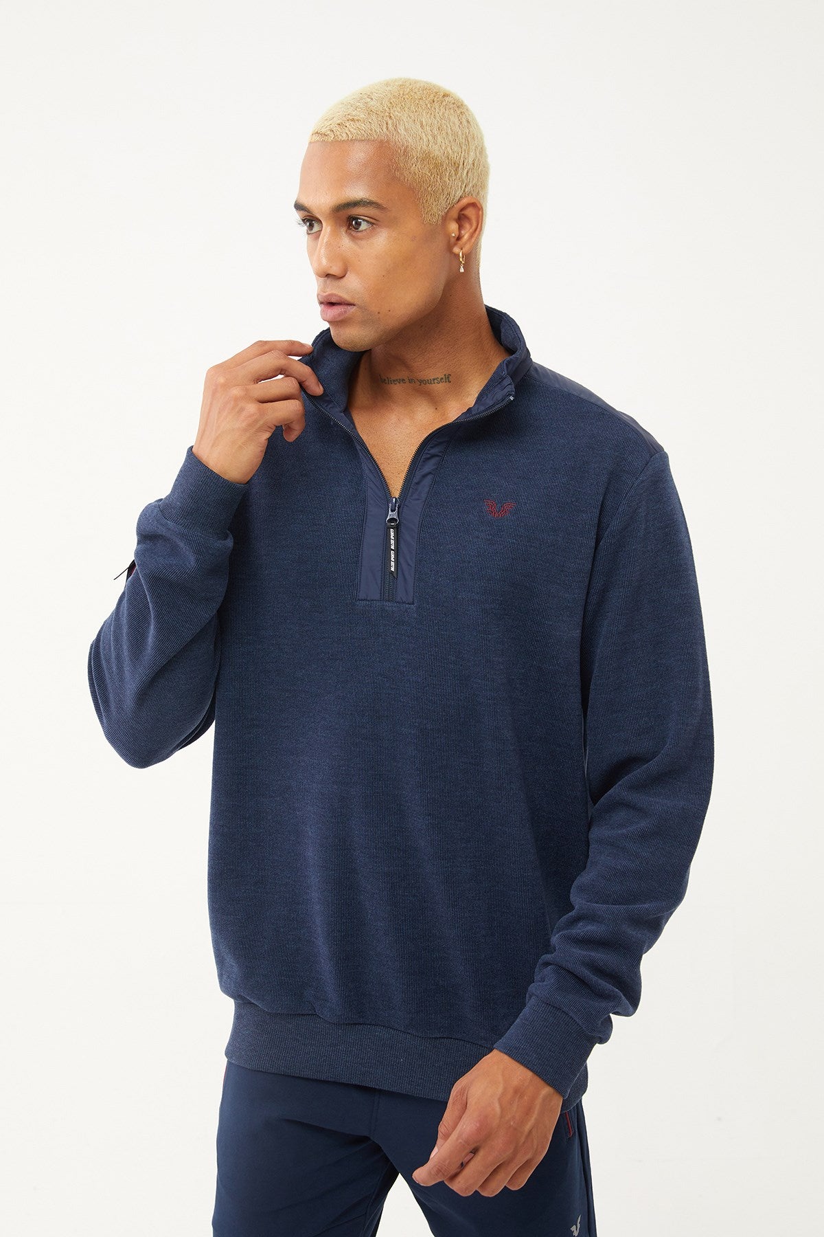 Men's Navy Blue Half Zipper Soft Textured Sweatshirt 1550 Tb23ml11w1550-1