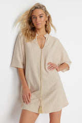 Brown Striped Wide Moulding Mini Knitted Tie Beach Dress Tbess23el00080