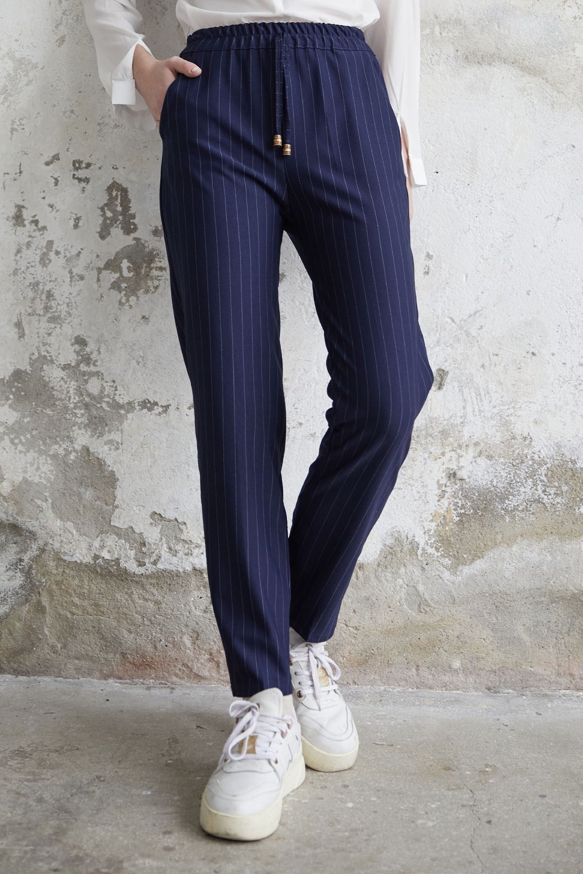 Line Pattern Elastic Trousers - Navy Ms00mb100022-1