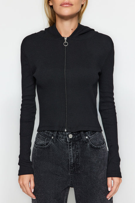 Black Hooded And Zippered Ribbed Fitted/body-fitting Crop Flexible Knit Blouse Twoaw24bz00364