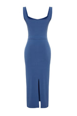 Indigo Body-fitting Degaje Neckline Flexible Knit Midi Pencil Dress Twoss24el00588