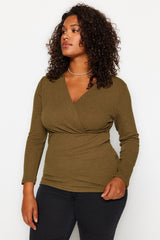 Black Double-breasted Plain Double-breasted Ruffle Knitted Plus Size Blouse Tbbaw24af00031