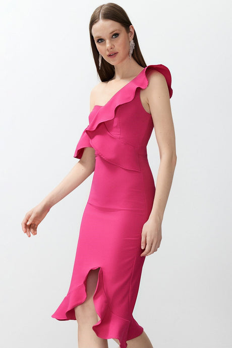 Fuchsia Ruffle Woven Elegant Evening Dress Tprss24el00153