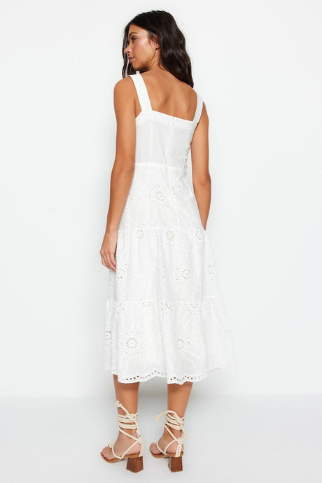 White Slit Midi Lined Embroidery Woven Dress Twoss23el00156