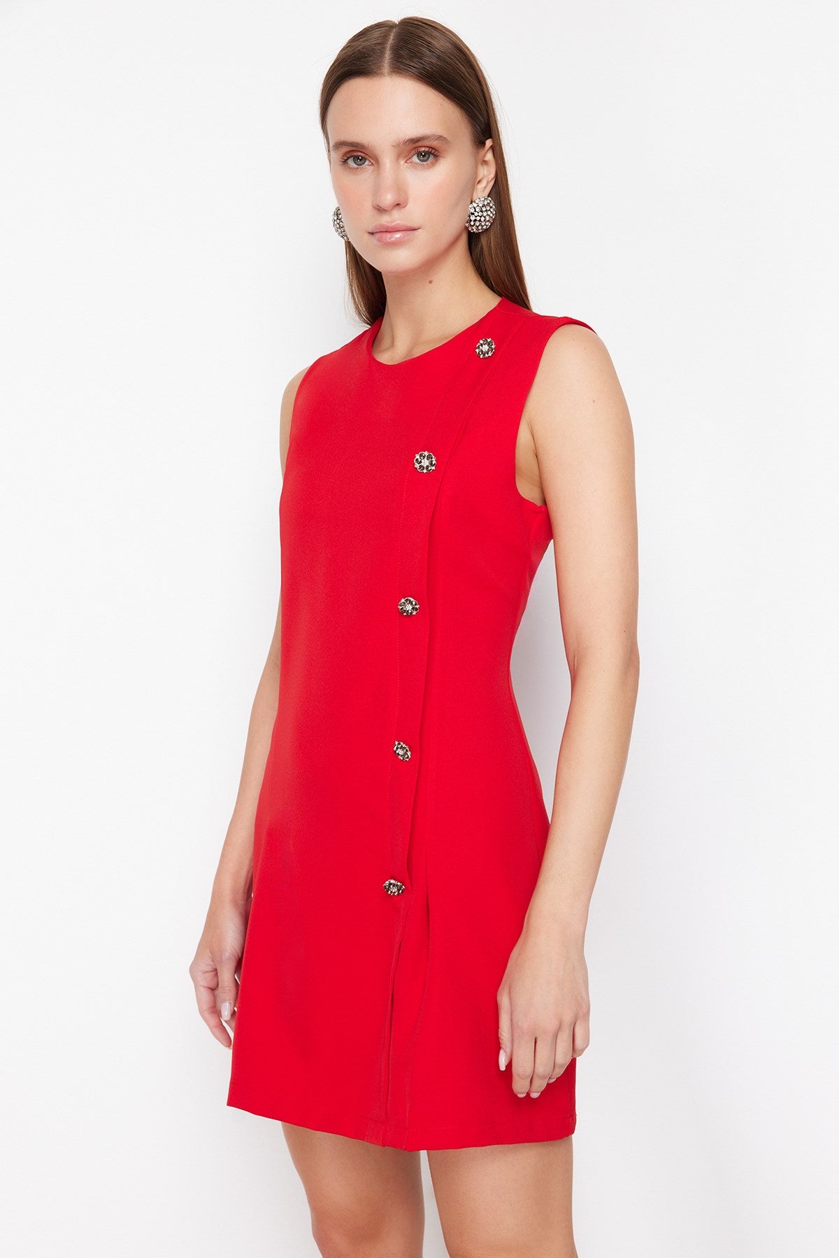 Red Plain Cut Button Detailed Mini Woven Dress Twoss24el00704