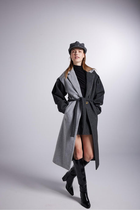 Belted Single Button Double Color Long Cashmere Mira Coat Black Hlfw24-00041