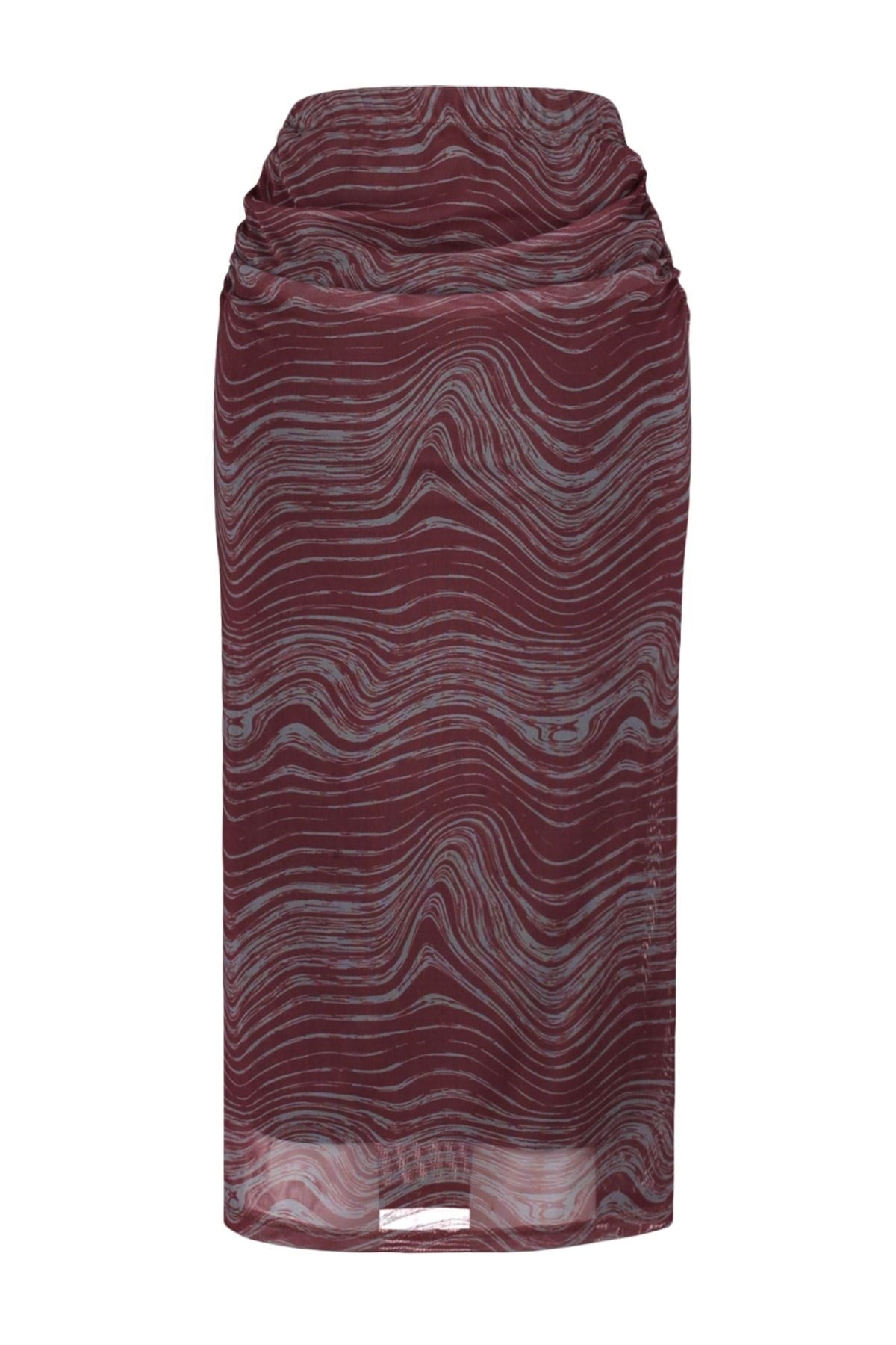 Burgundy Printed Tulle Body-fitting High Waist Lined Midi Knit Skirt Twoss23et00148