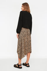 Brown Leopard Print Ruffled Asymmetrical Midi Flexible Knit Skirt Twoaw20et0440