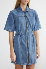 Blue Zipper Detailed Mini Denim Dress Twoss24el00367