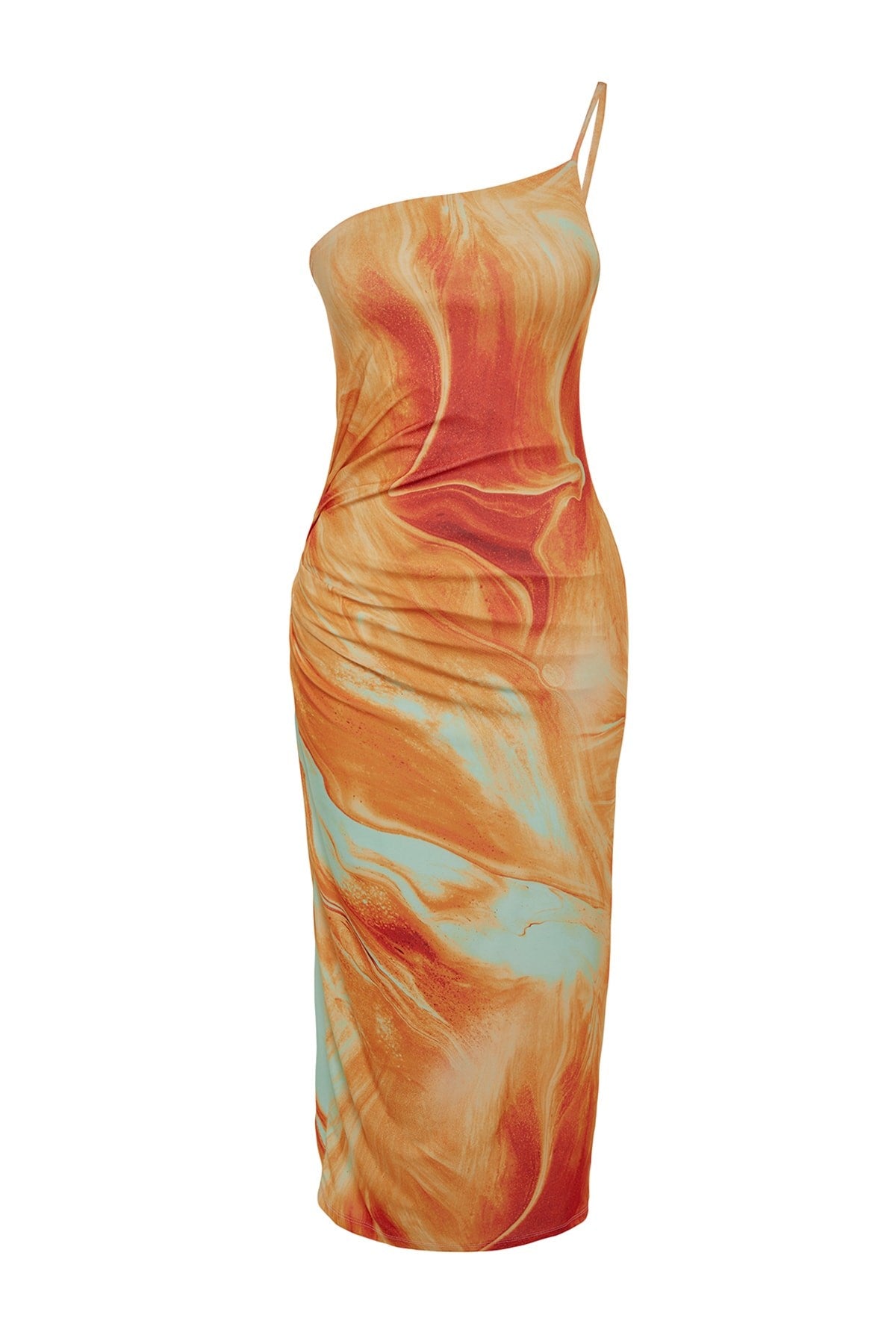 Orange Printed Body Fitting Midi One Shoulder Flexible Knit Pencil Dress Twoss23el01577