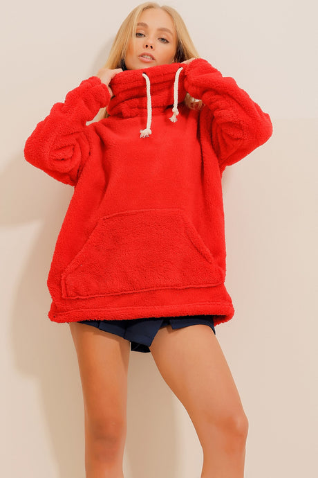 Women's Red Stand Collar Kangaroo Pocket Plush Sweatshirt Alc-x11060