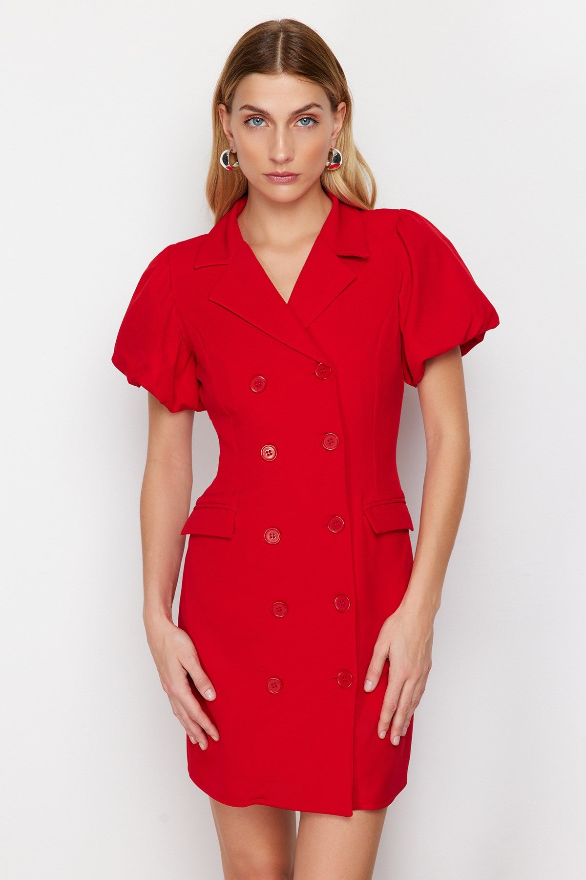 Red Balloon Sleeve Detailed Jacket Form Mini Woven Dress Twoss24el00641