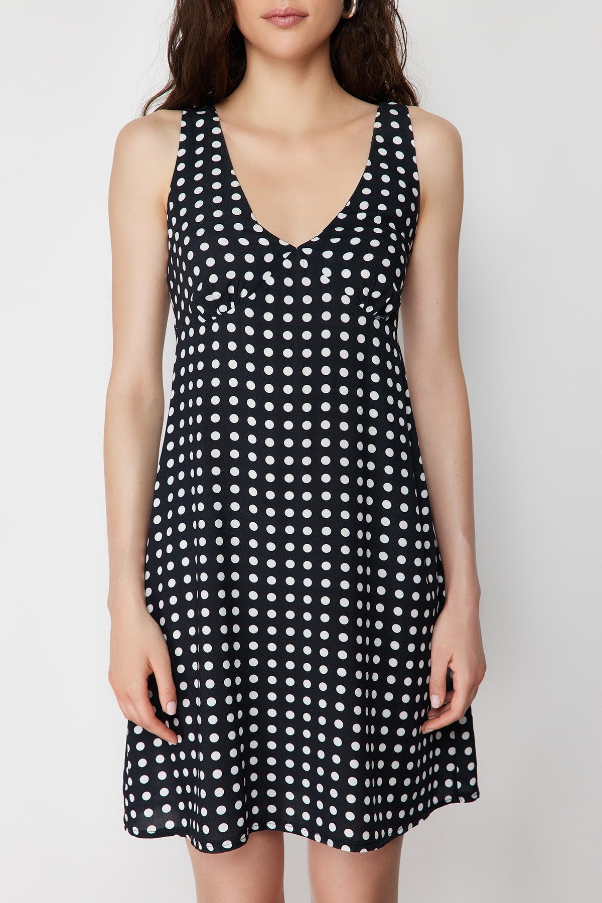 Black Polka Dot V Neck Viscose Mini Woven Dress Twoss24el00509