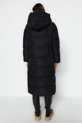 Black Oversize Side Snap Closure Water Repellent Long Quilted Inflatable Coat Twoaw24mo00044