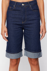 Dark Blue Leg Pleated Denim Shorts & Bermuda Twoss24sr00162